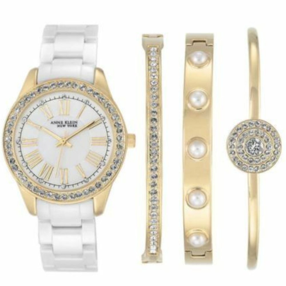 Anne Klein Ceramic Gold Tone Watch Bracelet Set